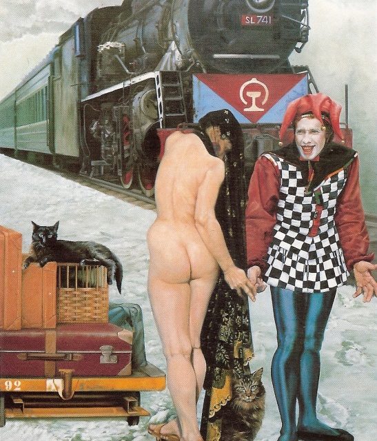 tableau hyperréaliste un train, une femme nue, un fou, des charts